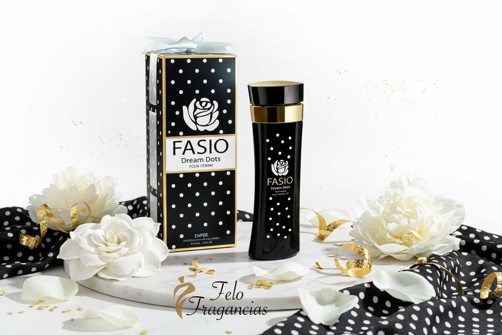 Perfume Eau de Parfum Fasio en frasco negro con tapa dorada y caja a juego