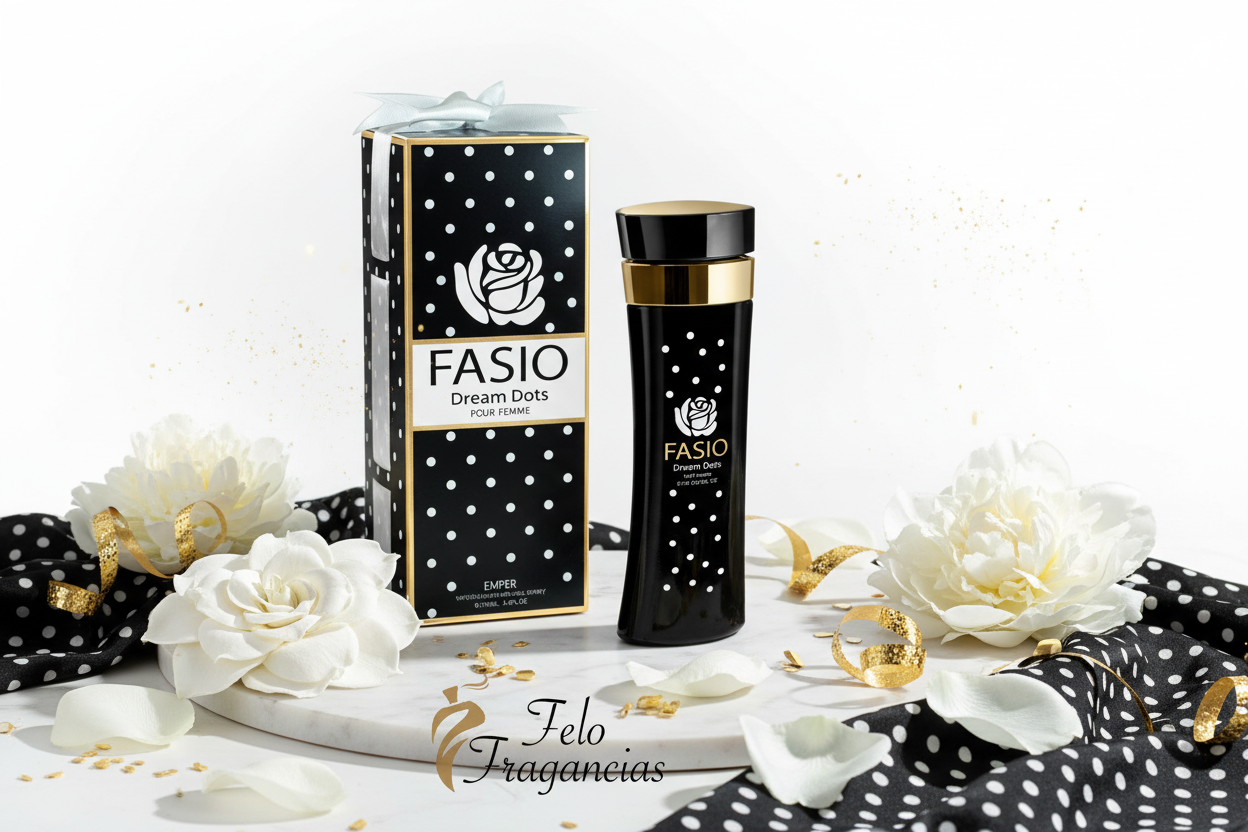 Perfume Eau de Parfum Fasio en frasco negro con tapa dorada y caja a juego