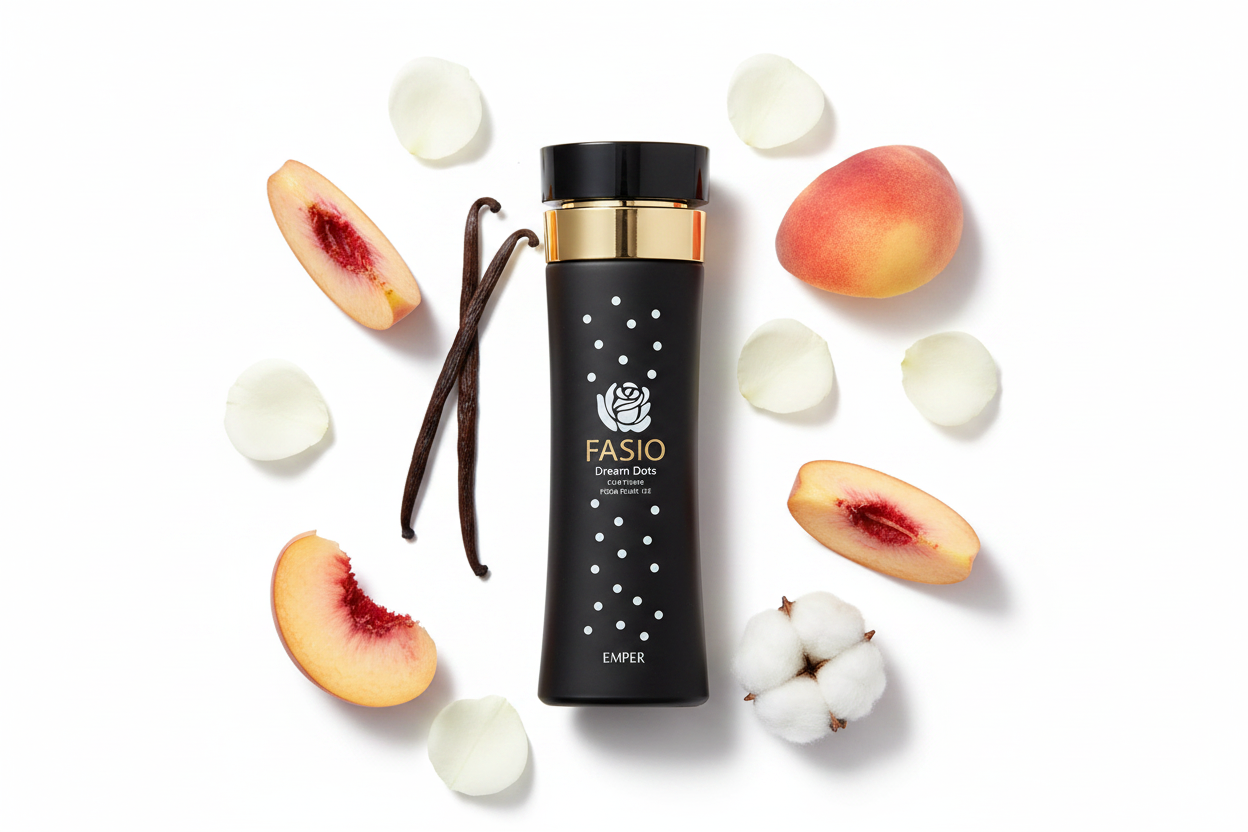 Perfume Emper Fasio en frasco negro con tapa dorada y puntos blancos, 100 ml