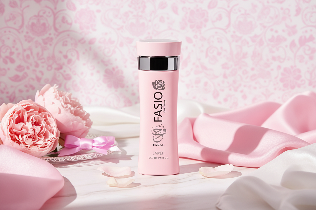 Frasco de Eau de Parfum 100 ml, etiqueta vertical negra y rosa claro