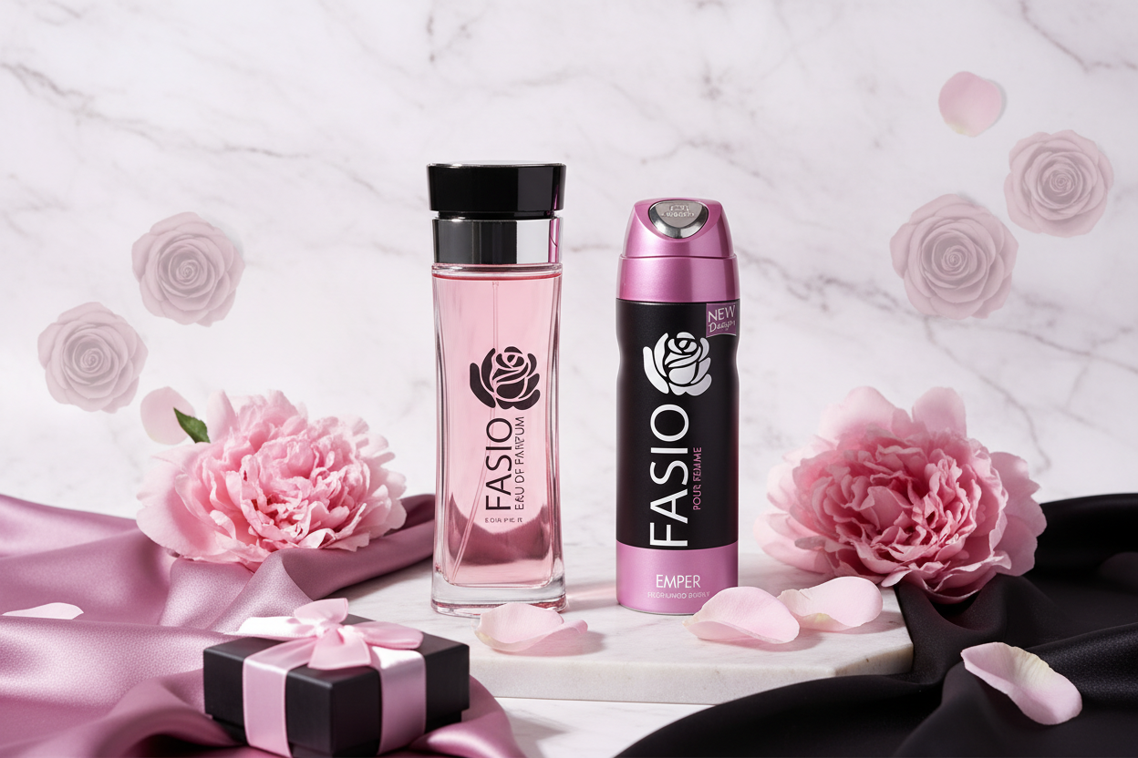 Set de fragancia con dos envases: rosa con tapa negra y transparente con tapa plateada