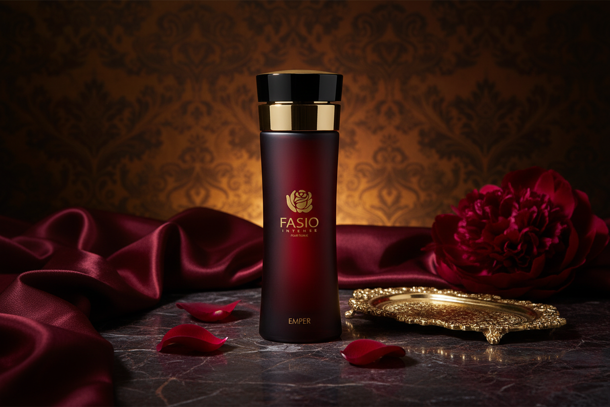 Perfume Emper Fasio Intense: frasco rojo oscuro con tapa dorada