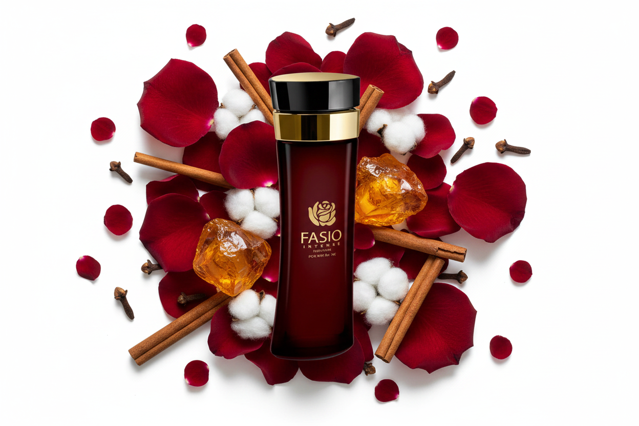 Perfume Emper Fasio Intense: frasco rojo oscuro con tapa dorada, 100 ml