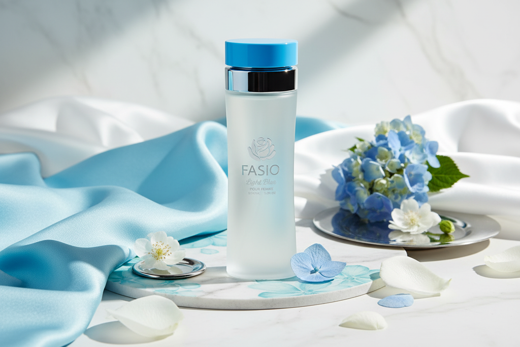 Eau de Parfum Emper Fasio en frasco claro con tapa azul sobre tela y pétalos