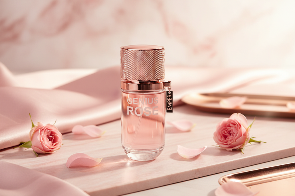 Frasco Genius Rose Eau de Parfum mini con atomizador y tapa metal rosada