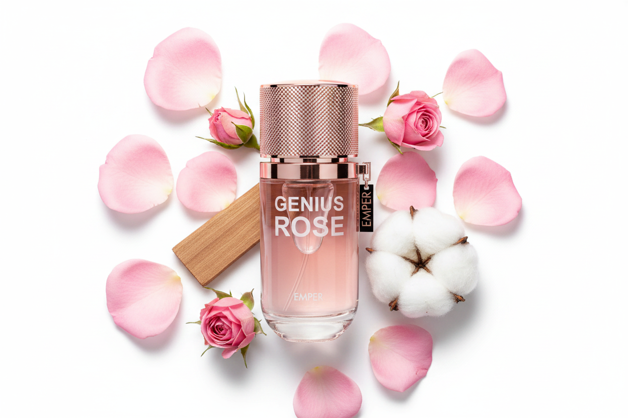 Fragancia Genius Rose Eau de Parfum mini, frasco transparente con tapa metal rosado