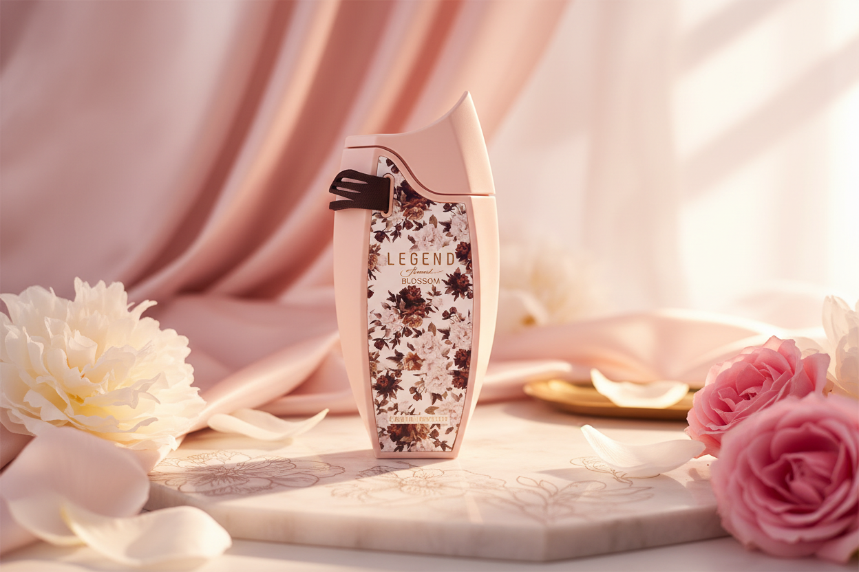 Frasco de eau de parfum con tapa negra, diseño floral en tonos rosa y blanco