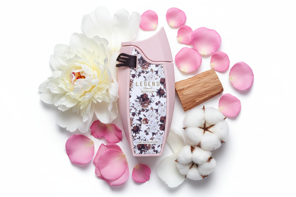 Eau de parfum Emper Legend Blossom: frasco rosa con flores y tapa negra