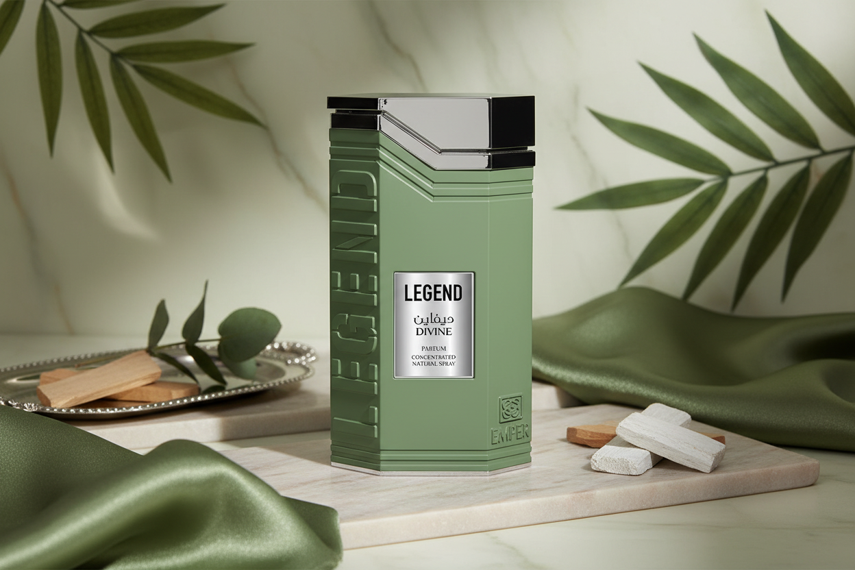 Perfume Eau de Parfum en botella verde con caja, vista de frente
