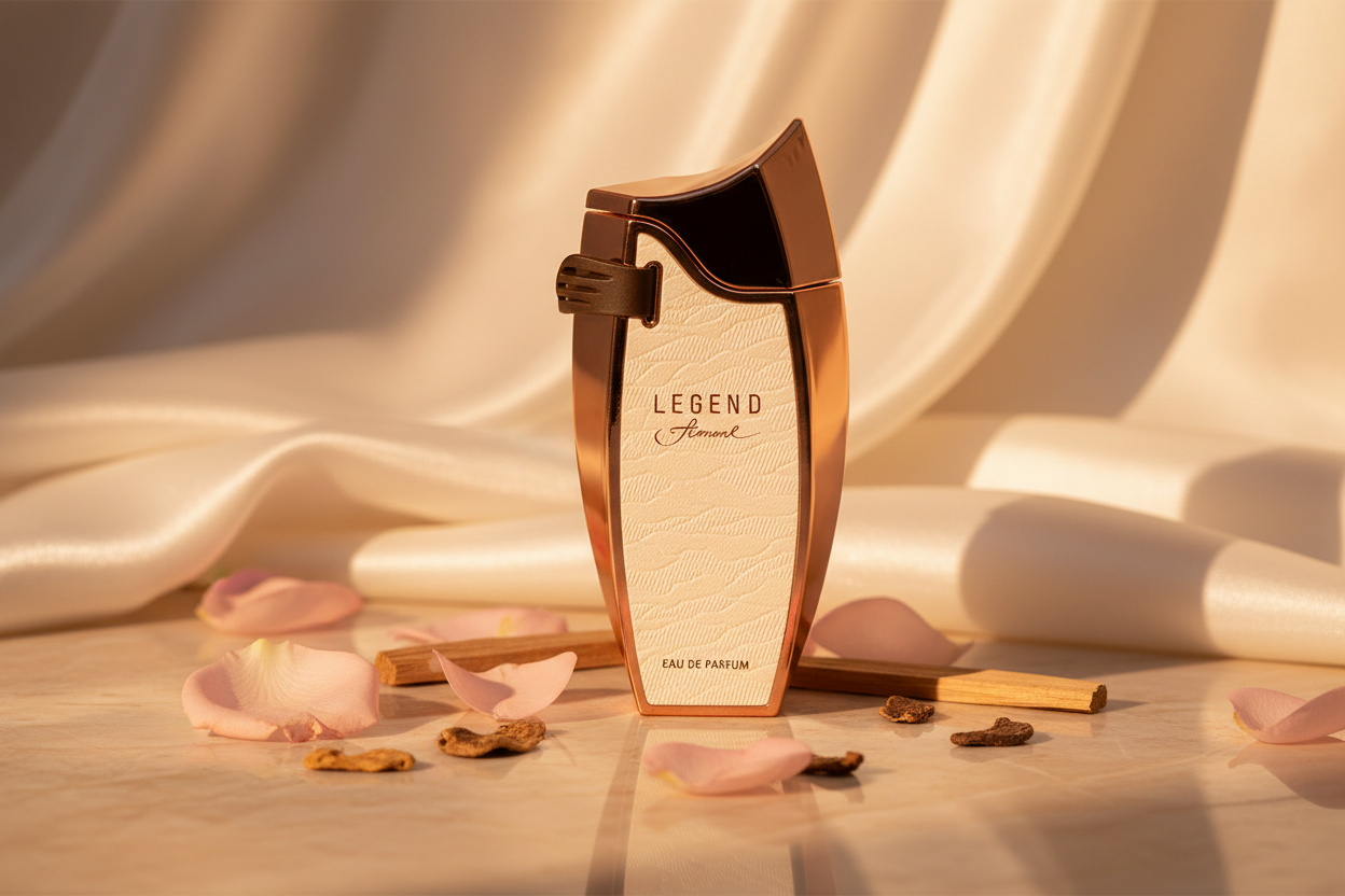 Eau de parfum Emper en frasco ámbar con tapa negra, etiqueta “Legend Femme”
