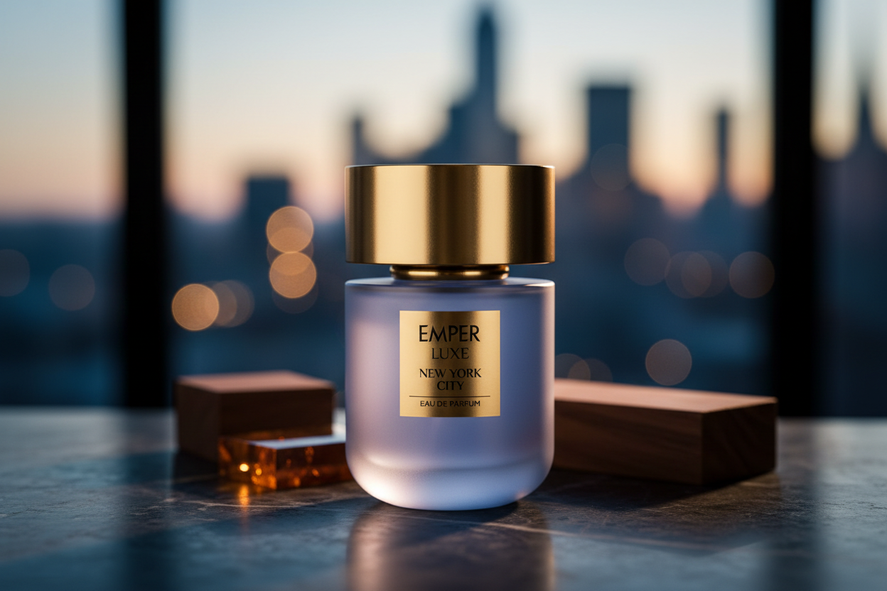 Perfume Emper Luxe New York City en frasco azul claro con tapa dorada
