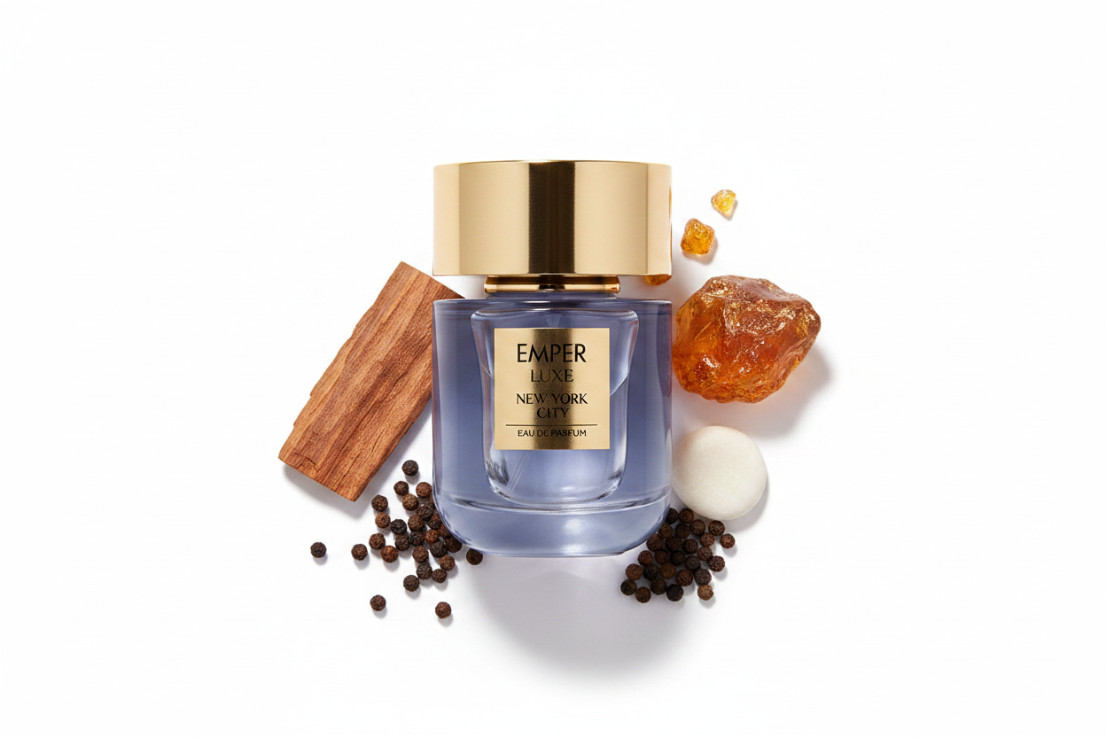 Perfume Emper Luxe en frasco de vidrio azul claro con tapa dorada, 100 ml