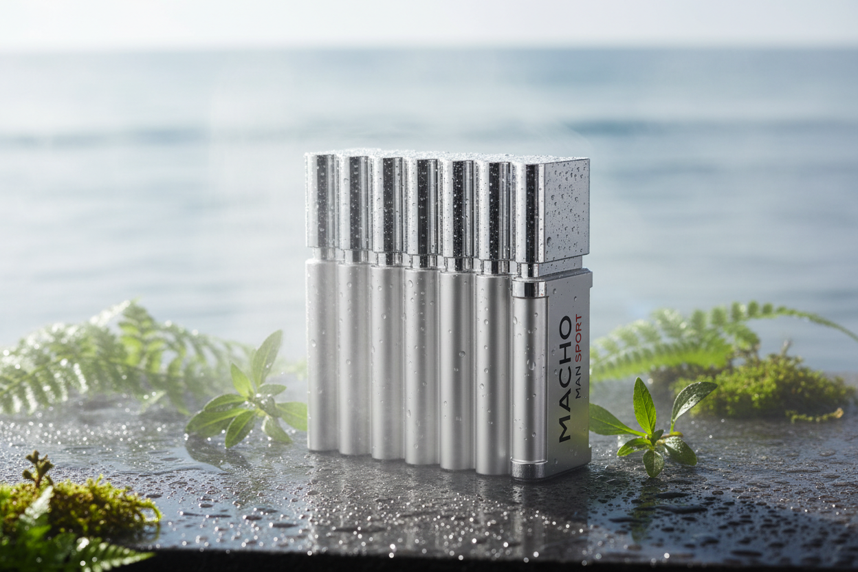 Eau de parfum Emper Macho Man Sport, frasco plateado con logotipo vertical