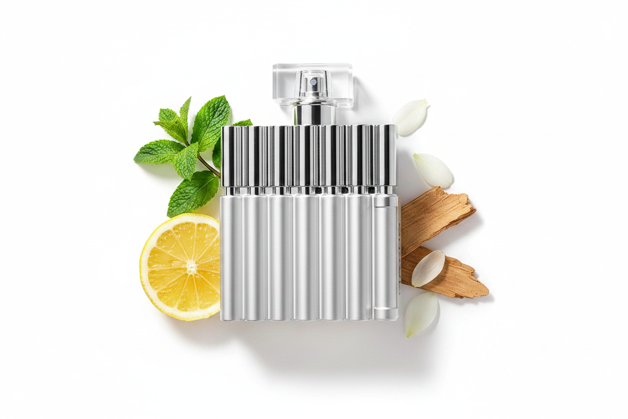 Eau de parfum Emper Macho Man Sport, frasco plateado con atomizador y tapa
