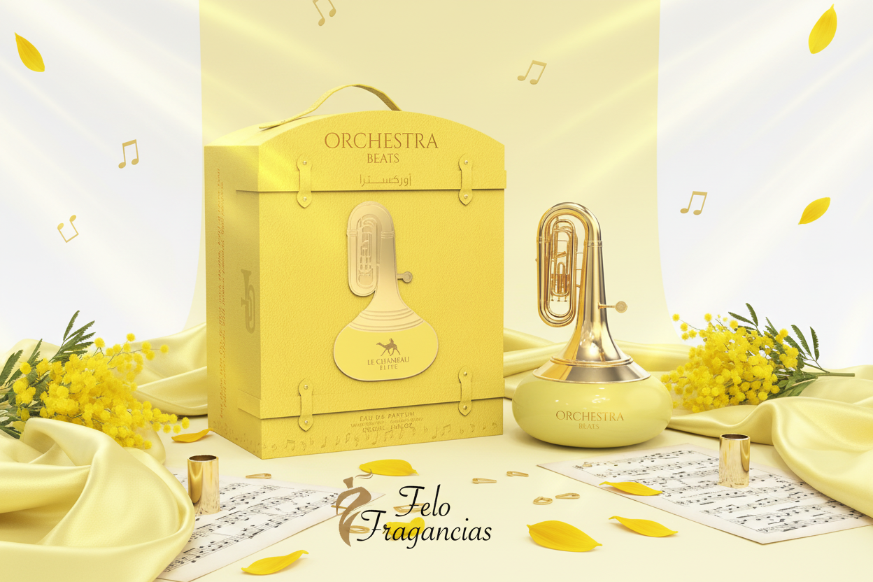 Perfume unisex en caja amarilla y frasco con detalles dorados, 100 ml