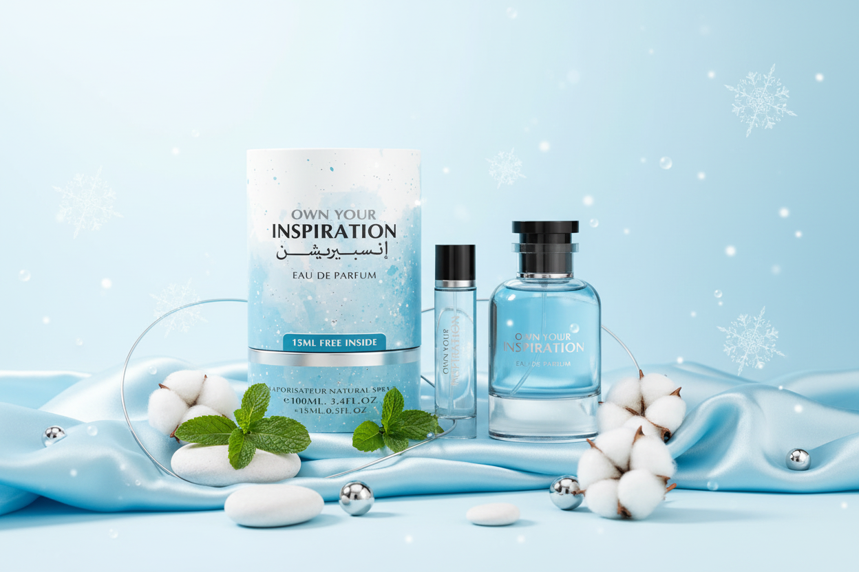 Perfume Eau de Parfum en botella azul y caja, 100 ml, con tapón negro.