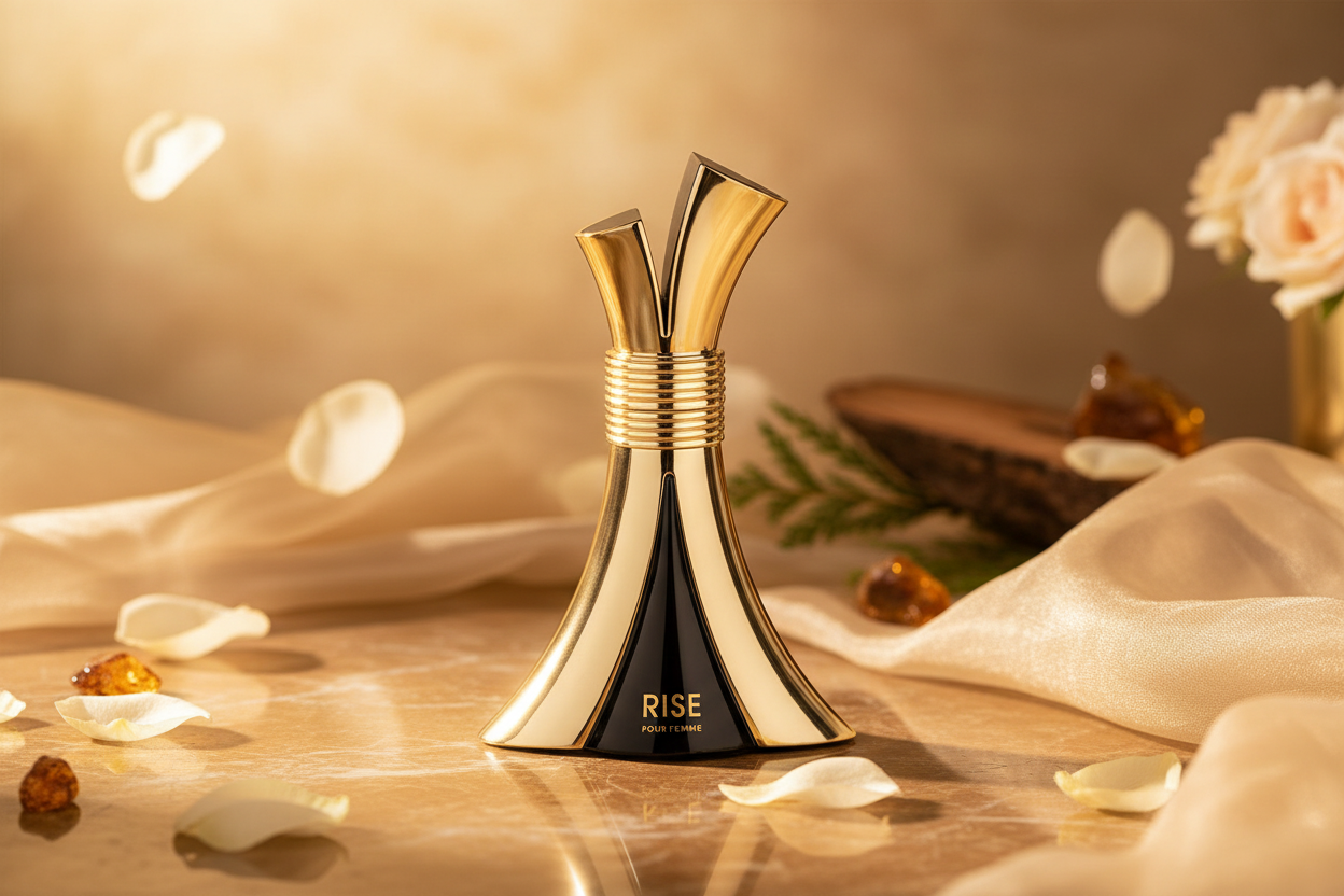 Perfume Emper Rise Eau de Parfum: frasco negro y dorado con tapa tipo campana