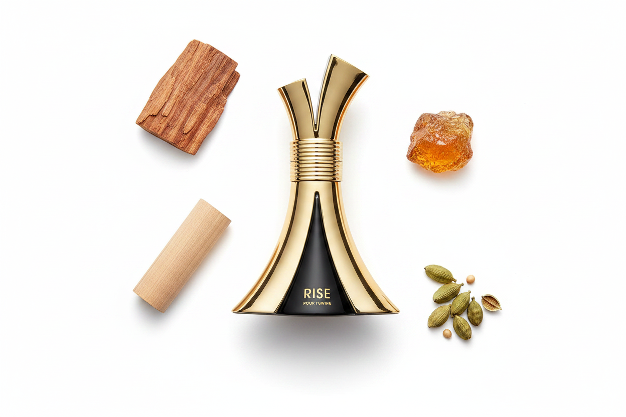 Perfume Emper Rise: frasco negro con acabado dorado y tapa acampanada