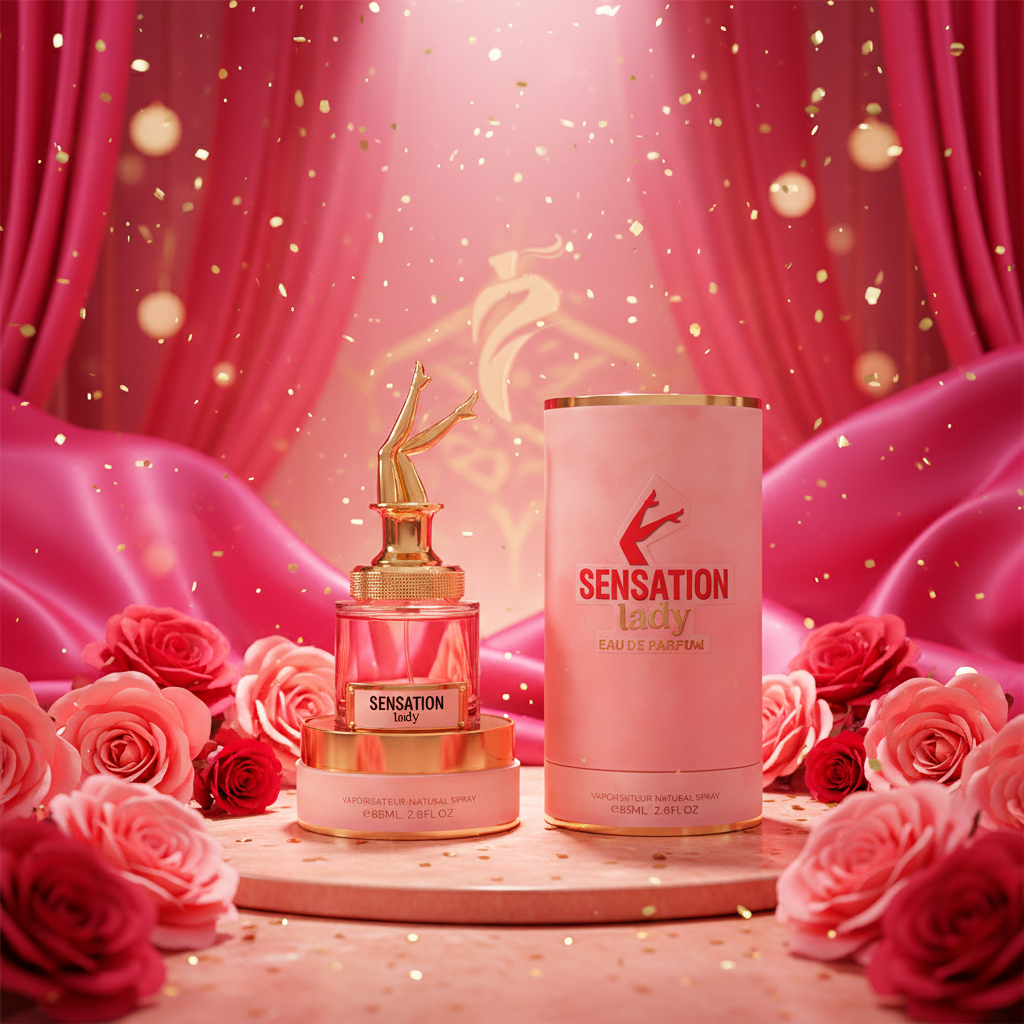 Perfume Emper Sensation Lady: dos frascos, uno tipo spray y otro cilíndrico de 100 ml.