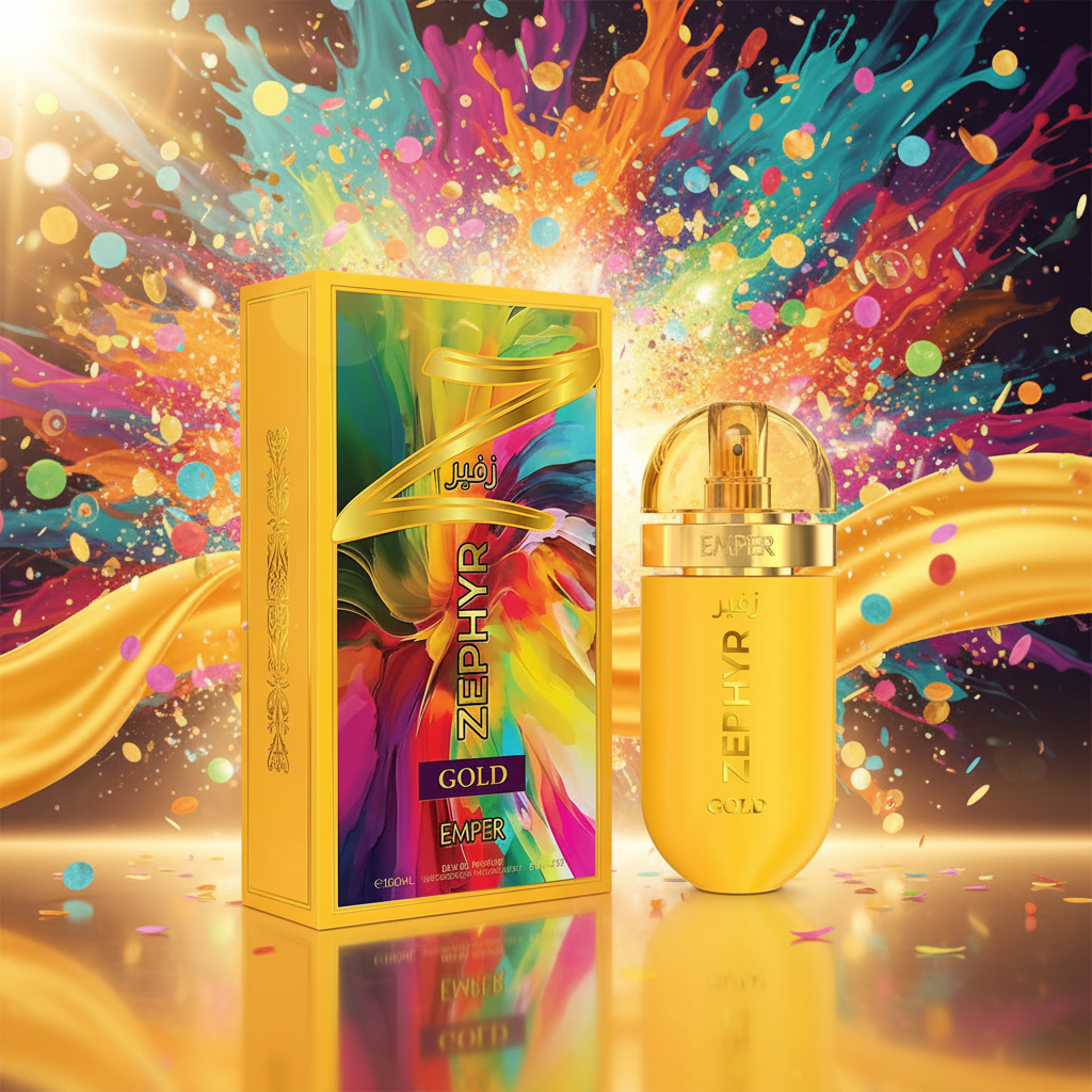 Perfume Emper Zephyr Gold en frasco dorado con caja, 100 ml