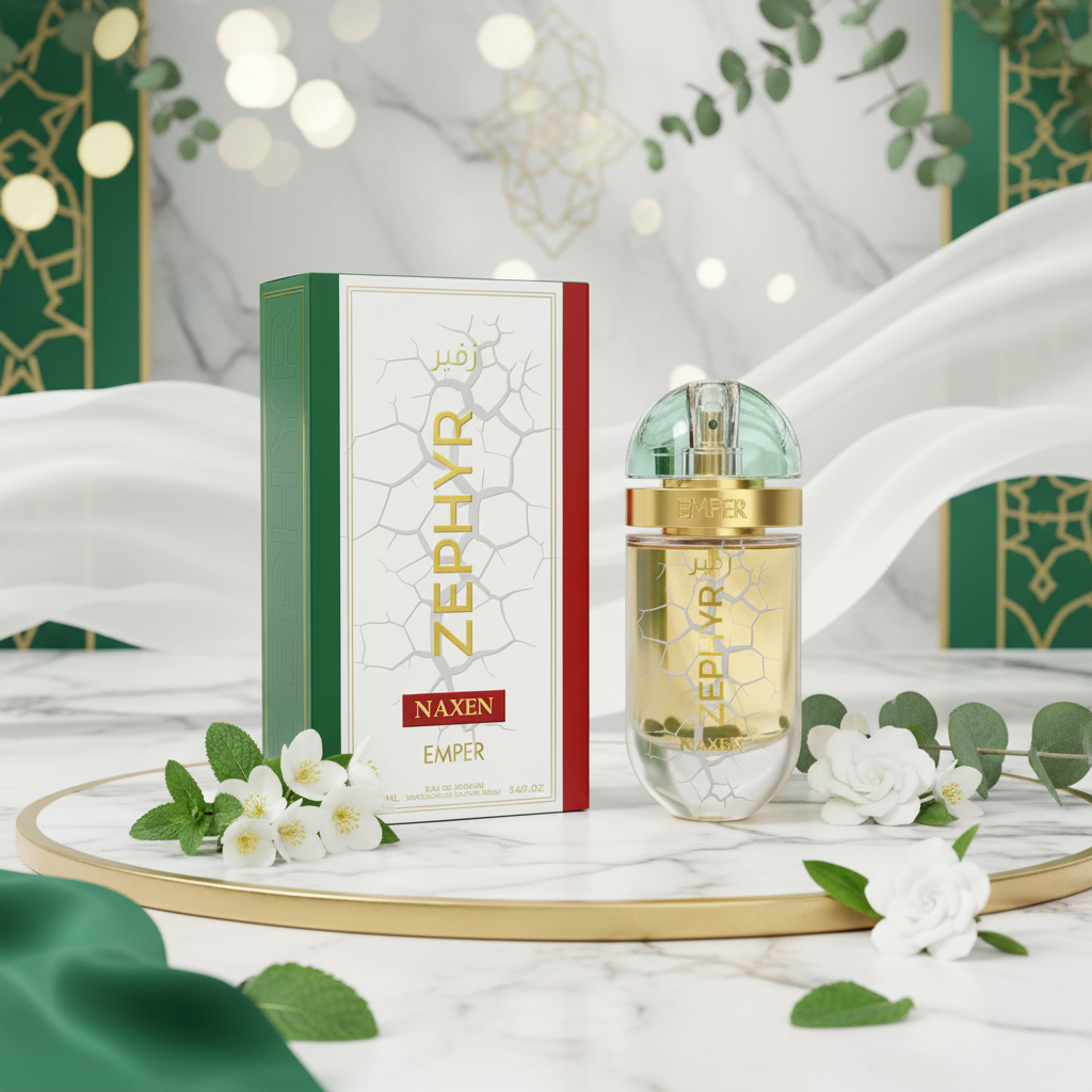 Eau de Parfum Naxen 100 ml: frasco transparente con tapa dorada y caja verde