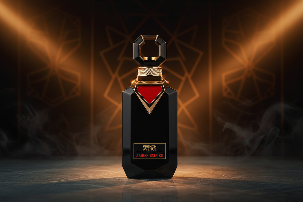 Frasco de Eau de Parfum para hombre negro con tapa dorada y rombo rojo