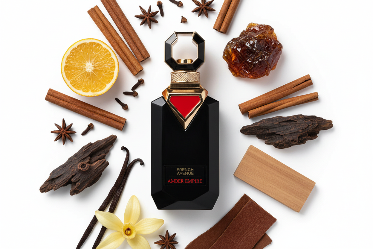 Eau de Parfum masculino en frasco negro con tapa dorada y panel rojo en rombo