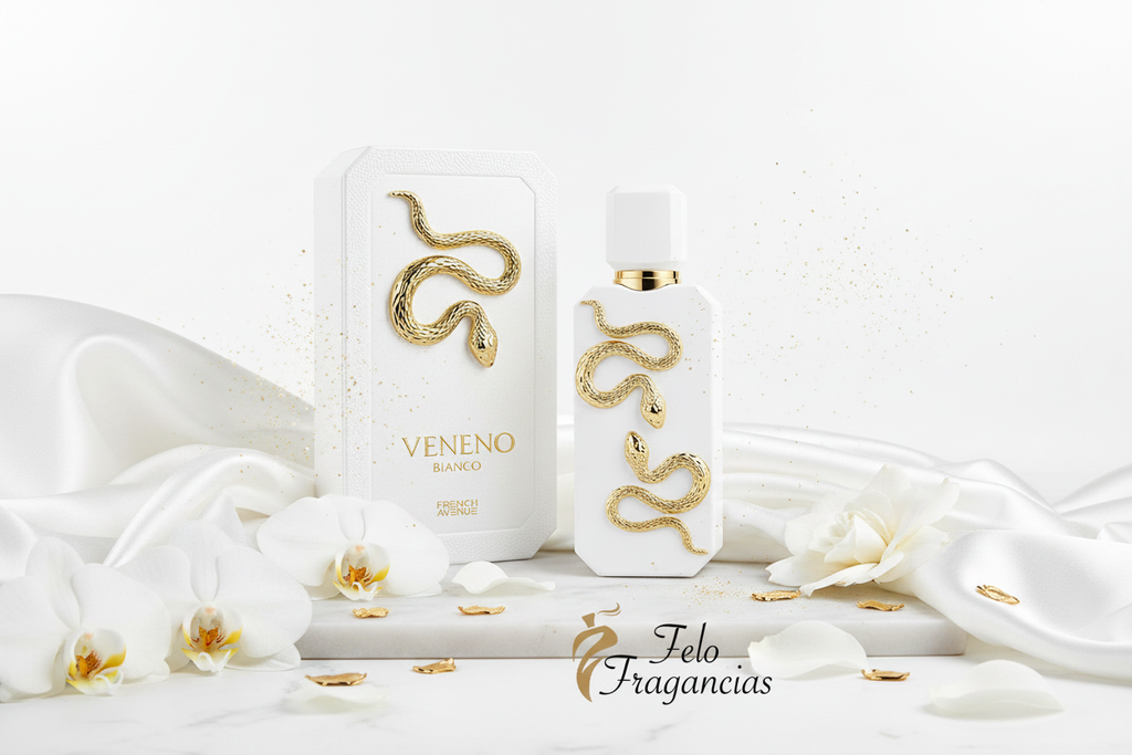 Eau de Parfum unisex Veneno Bianco 100 ml, frasco y caja con detalles dorados