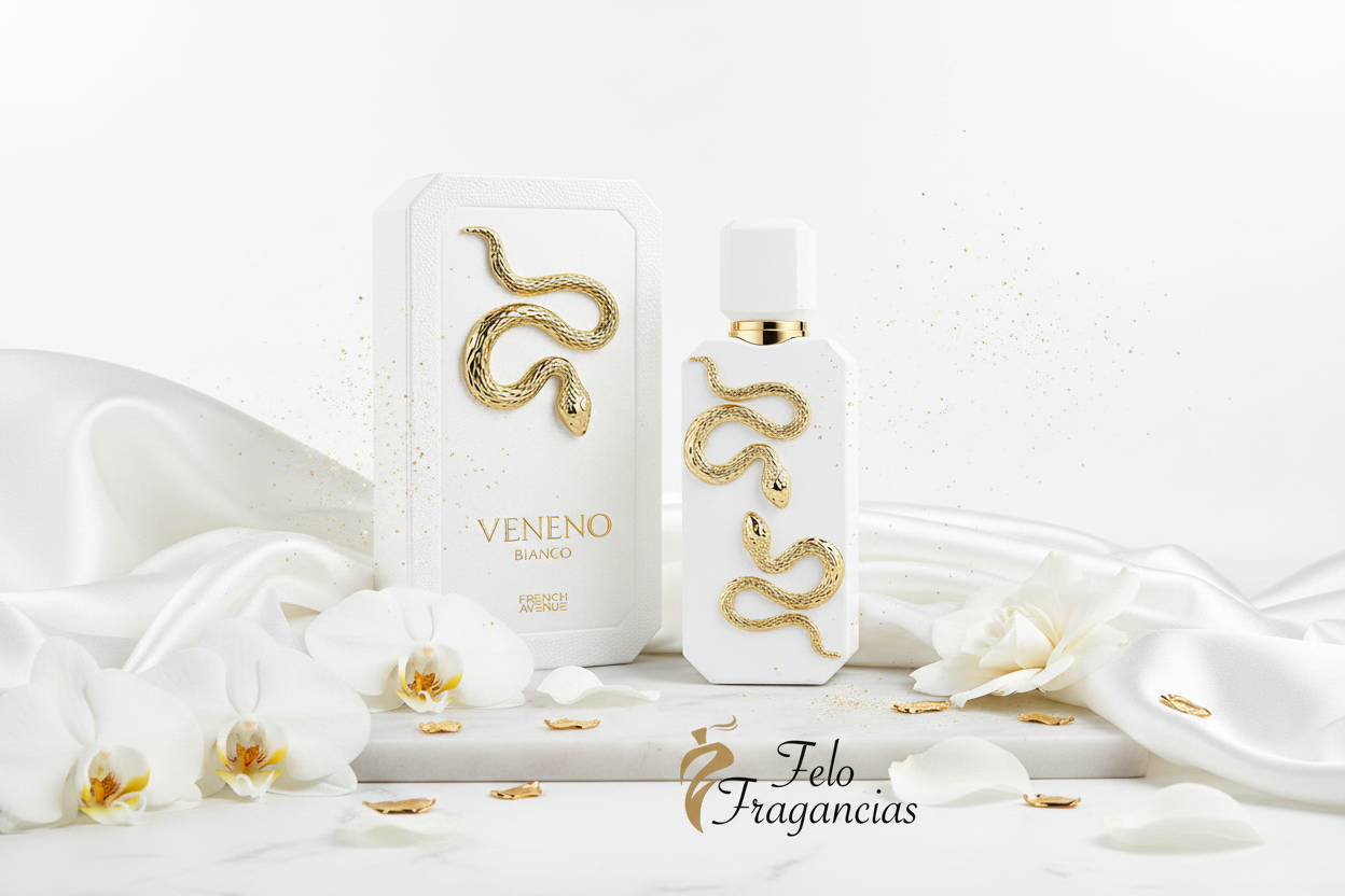 Eau de Parfum unisex Veneno Bianco 100 ml, frasco y caja con detalles dorados