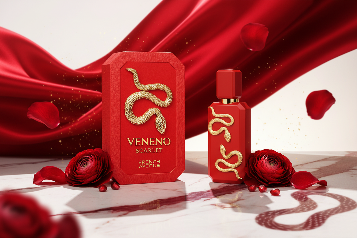 Perfume unisex en estuche rojo y frasco rojo con etiqueta VENENO SCARLET