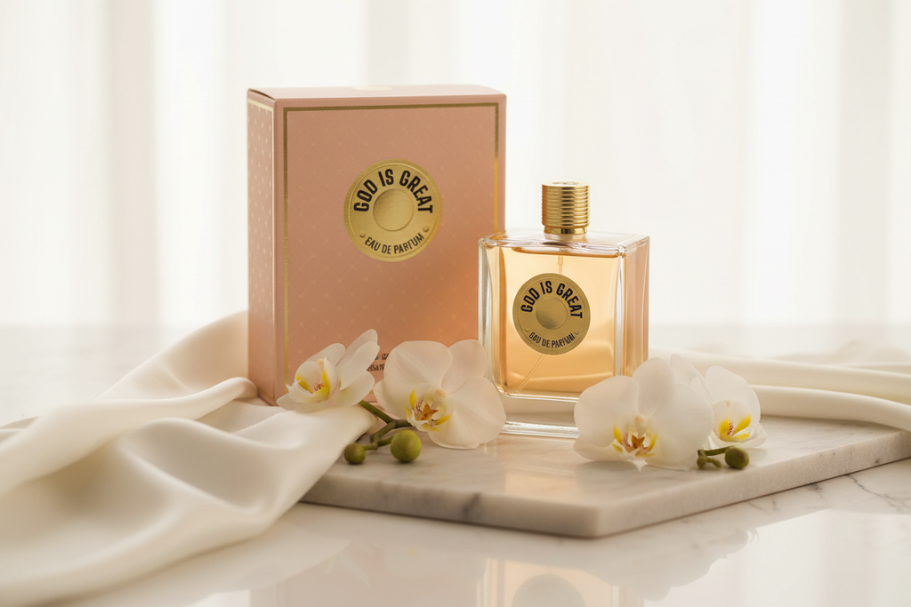 Eau de Parfum God Is Great: frasco y caja con vidrio ámbar y tapa dorada