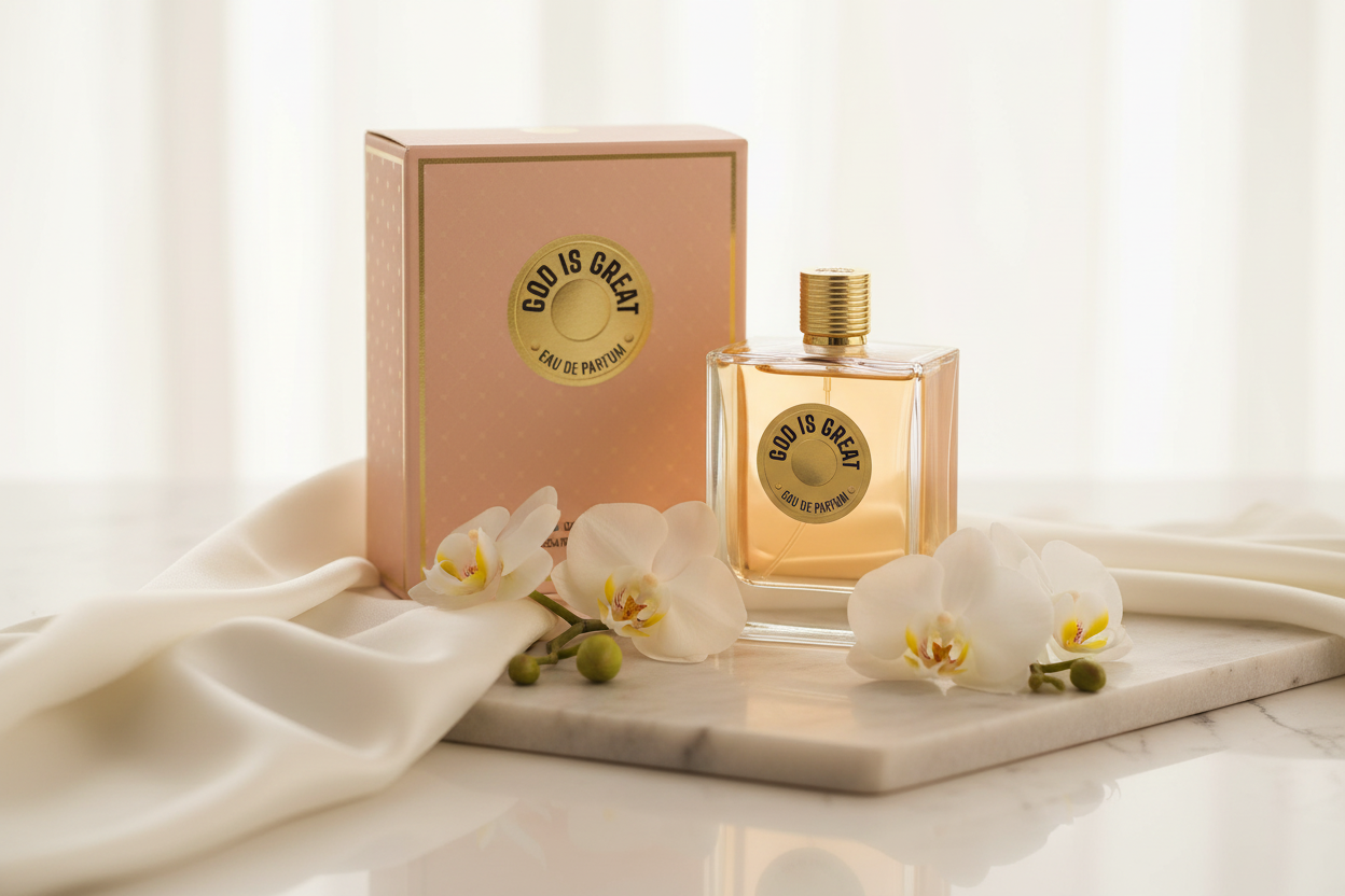 Eau de Parfum God Is Great: frasco y caja con vidrio ámbar y tapa dorada