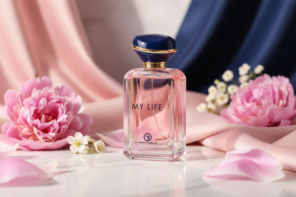 Frasco de Eau de Parfum My Life con tapa azul dorada y etiqueta frontal.