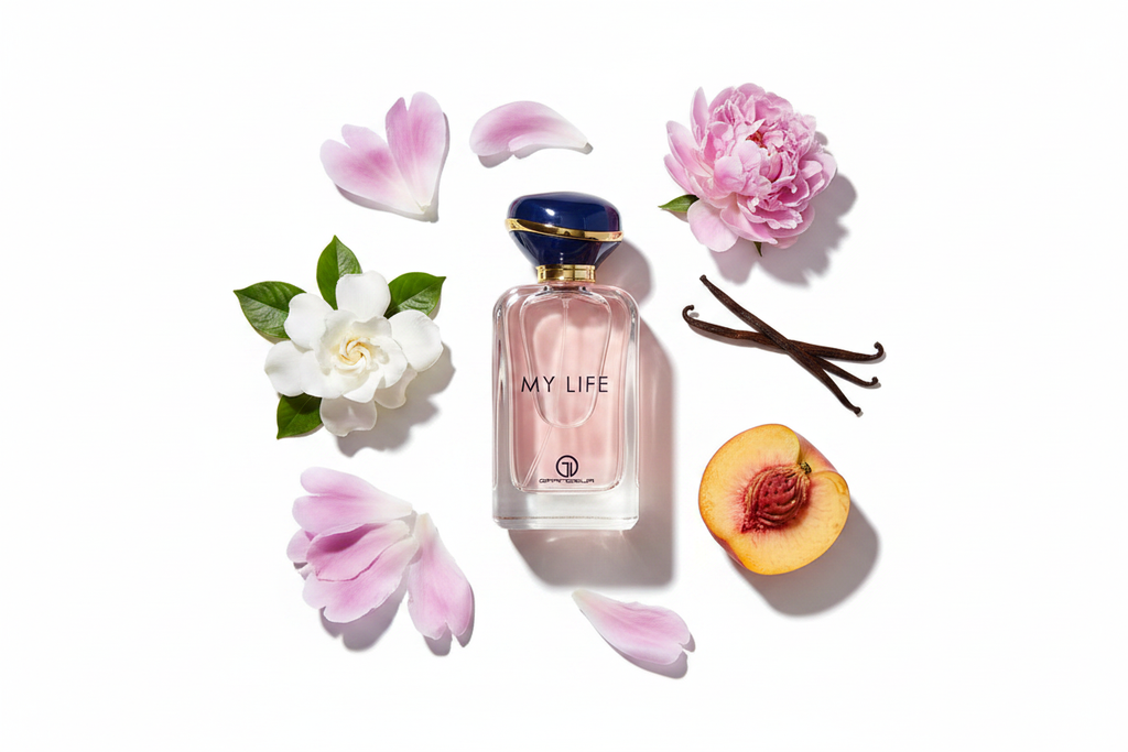 Frasco de Eau de Parfum My Life 100 ml con tapa azul y cuerpo transparente.