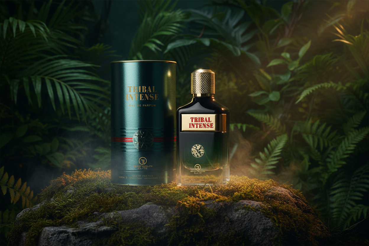 Eau de Parfum Tribal Intense: frasco y caja cilíndrica verde oscuro