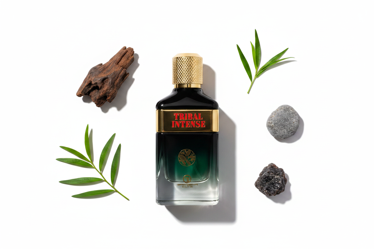 Frasco de Eau de Parfum con tapa dorada y etiqueta Tribal Intense