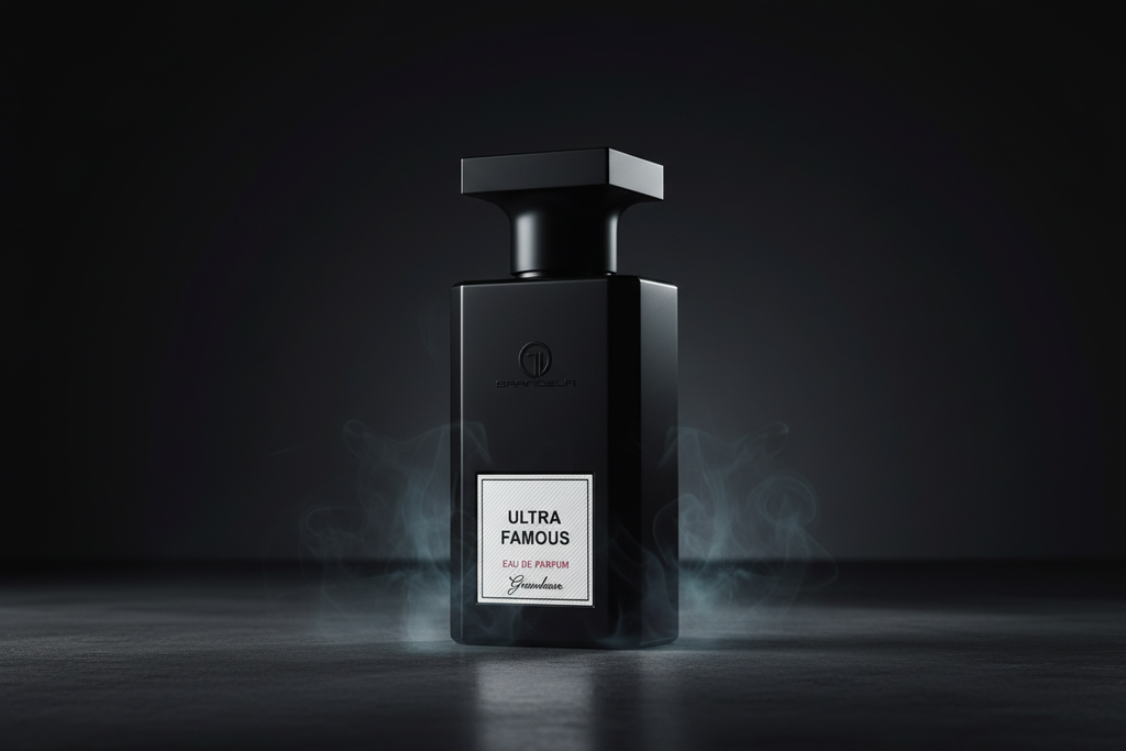 Eau de parfum Grandeur Ultra Famous, frasco negro con tapa y etiqueta frontal.