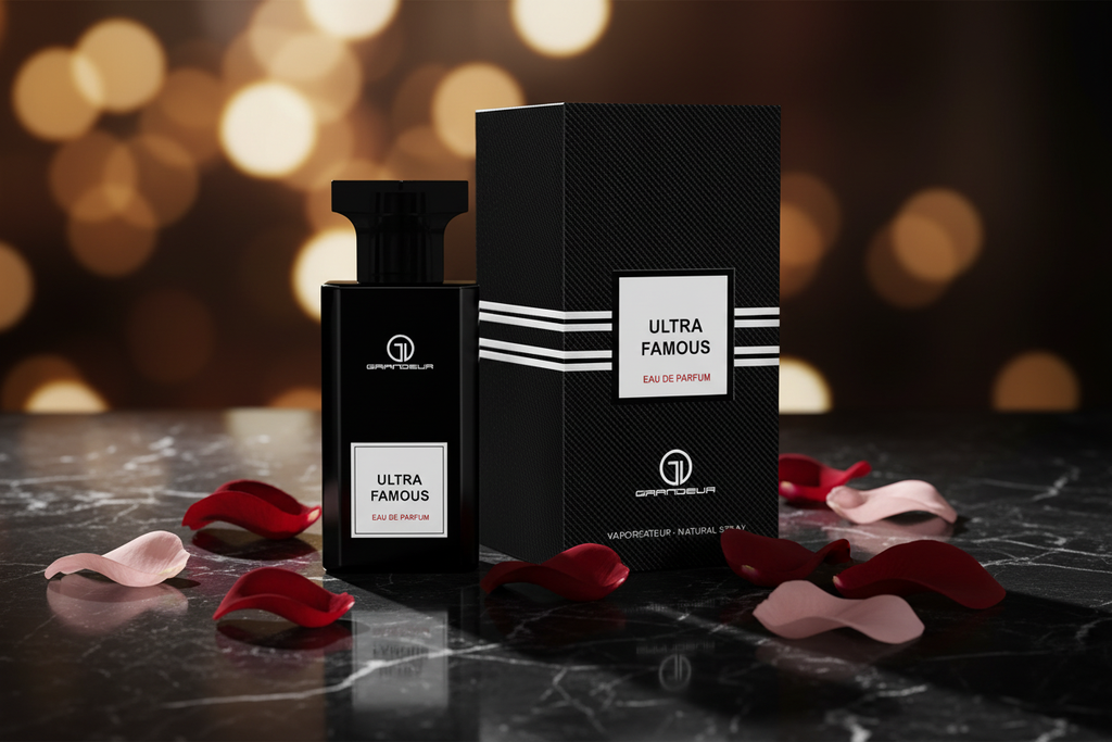 Eau de parfum Grandeur Ultra Famous con frasco negro, caja y pétalos decorativos.