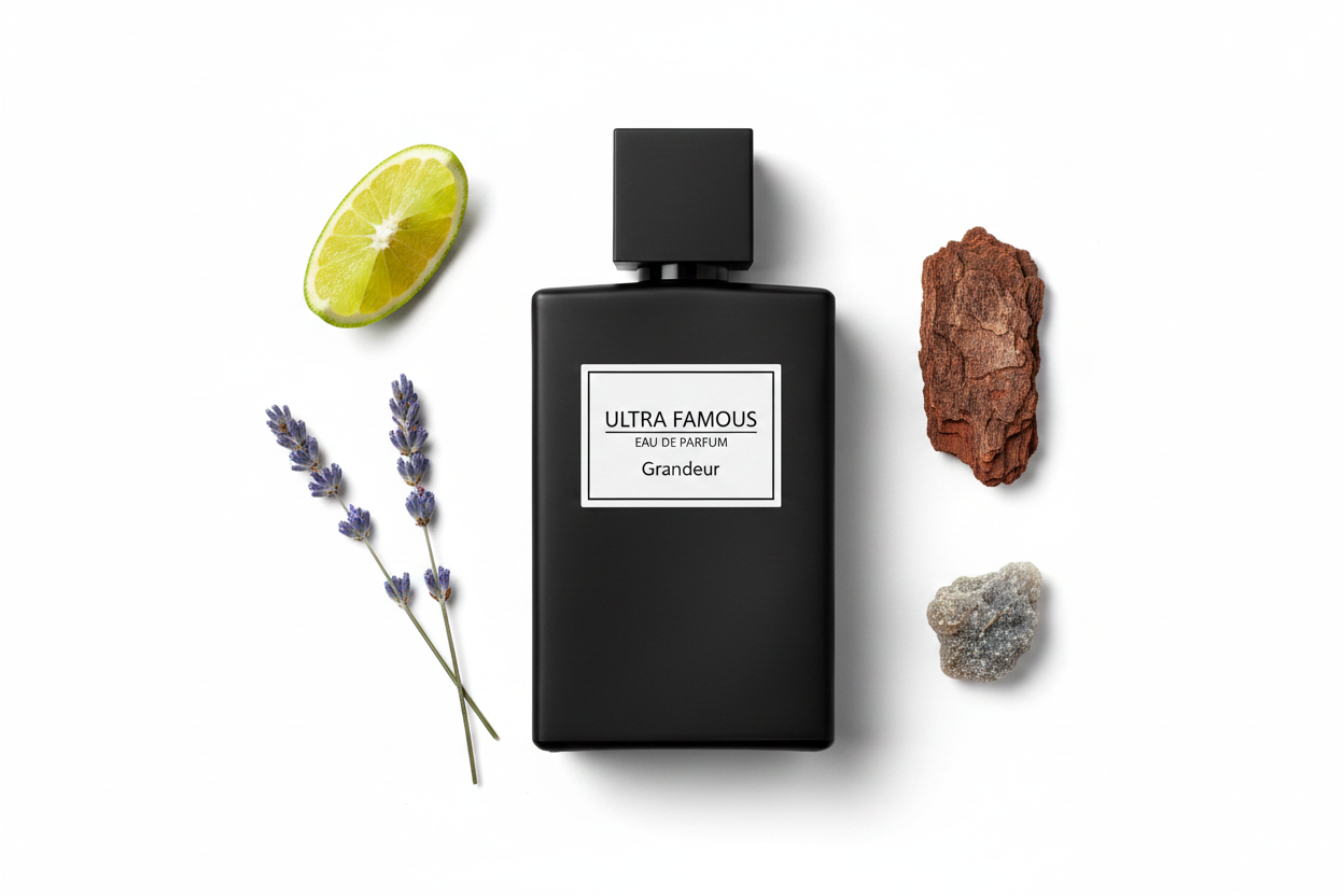 Eau de parfum Grandeur Ultra Famous, frasco negro con tapa y etiqueta frontal.