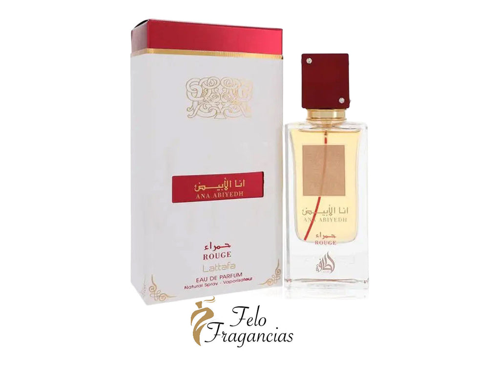 Caja blanca y frasco de Eau de Parfum con tapa roja, vista frontal