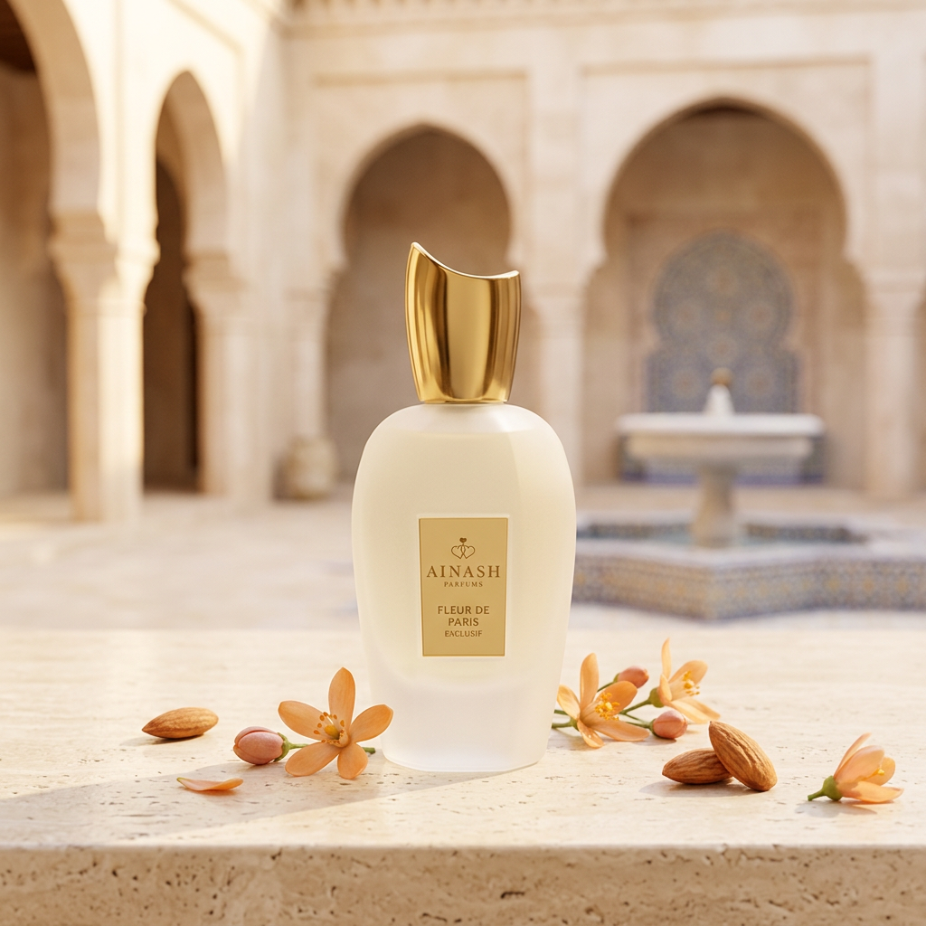 Fleur de Paris Exclusif de Ainash Parfums en un entorno editorial árabe luminoso