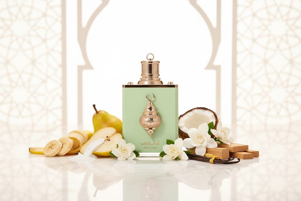 Amaran Fanoos Eau de Parfum 100ml en composición editorial árabe clara