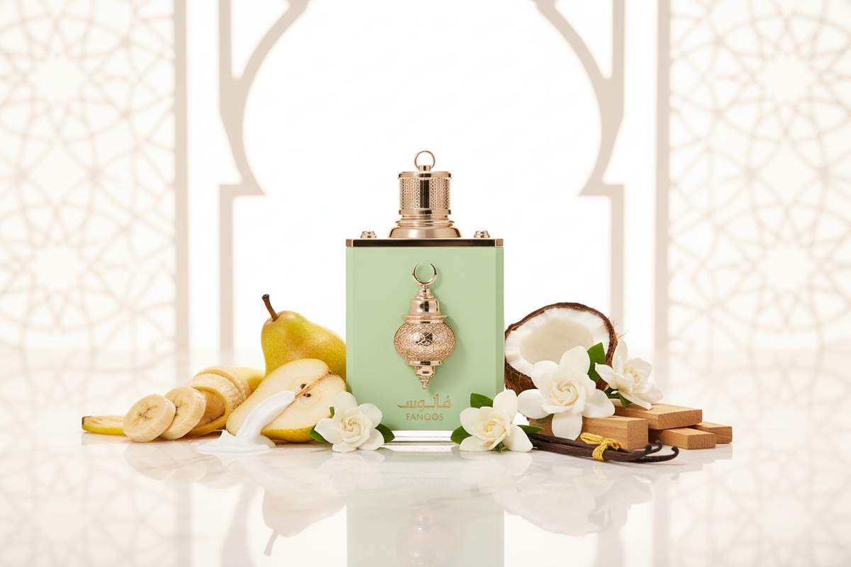 Amaran Fanoos Eau de Parfum 100ml en composición editorial árabe clara