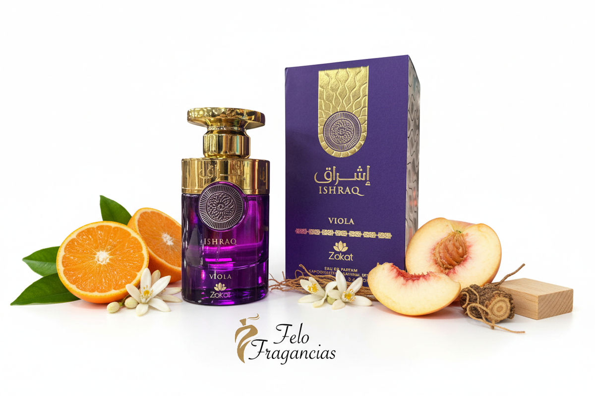Zakat Ishraq Viola Eau de Parfum 100ml con bergamota, mandarina, melocotón blanco, azahar y vetiver