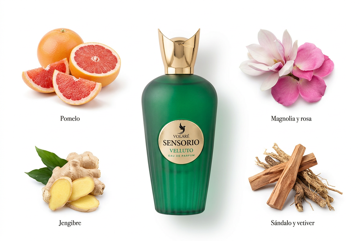 Volare Sensorio Velluto con pomelo, jengibre, magnolia, rosa, sándalo y vetiver sobre fondo blanco