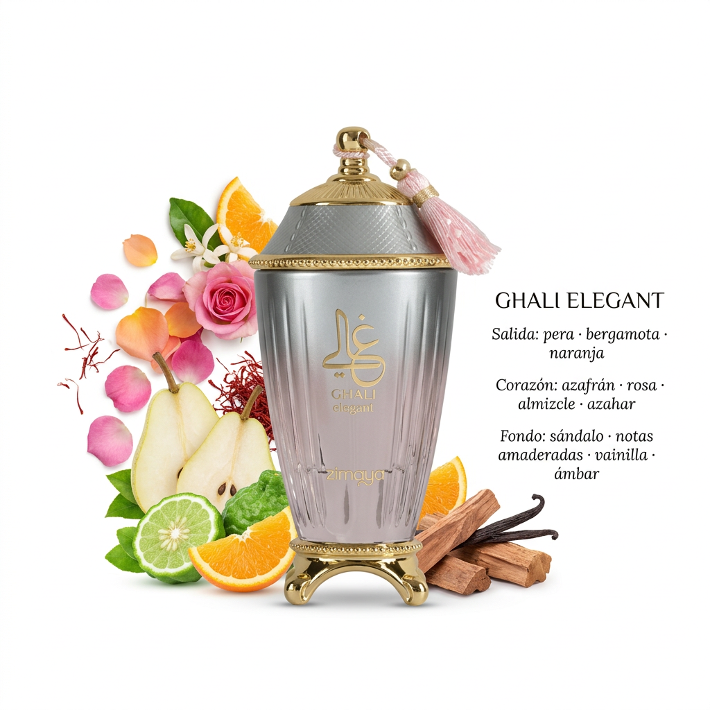 Ghali Elegant con pera, cítricos, rosa, azahar, vainilla y sándalo sobre fondo blanco