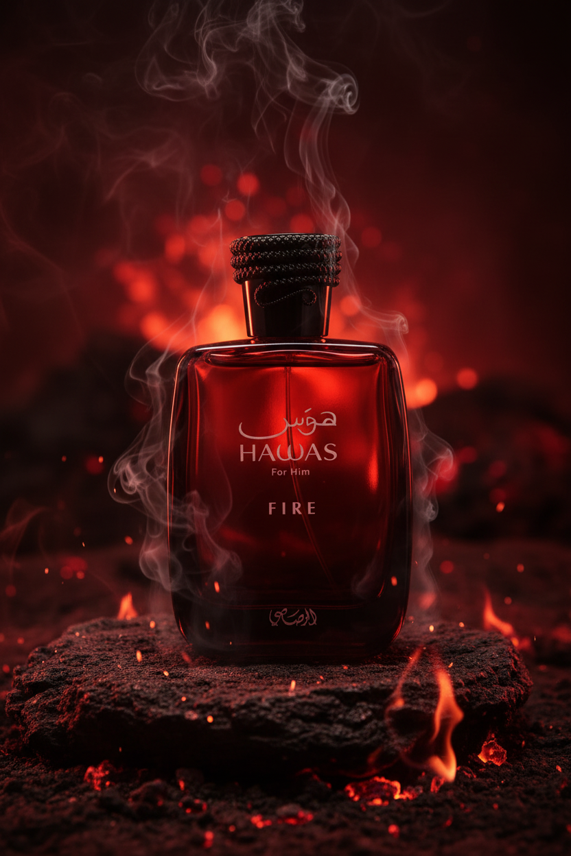 Frasco de eau de parfum Hawas Fire: vidrio rojo ámbar y tapa negra trenzada