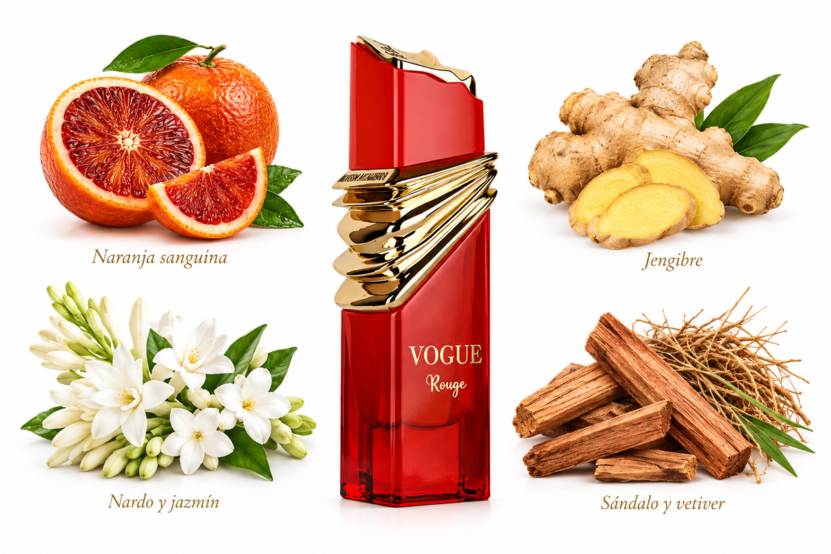Maison Alhambra Vogue Rouge con naranja sanguina, jengibre, nardo, jazmín, sándalo y vetiver sobre fondo blanco