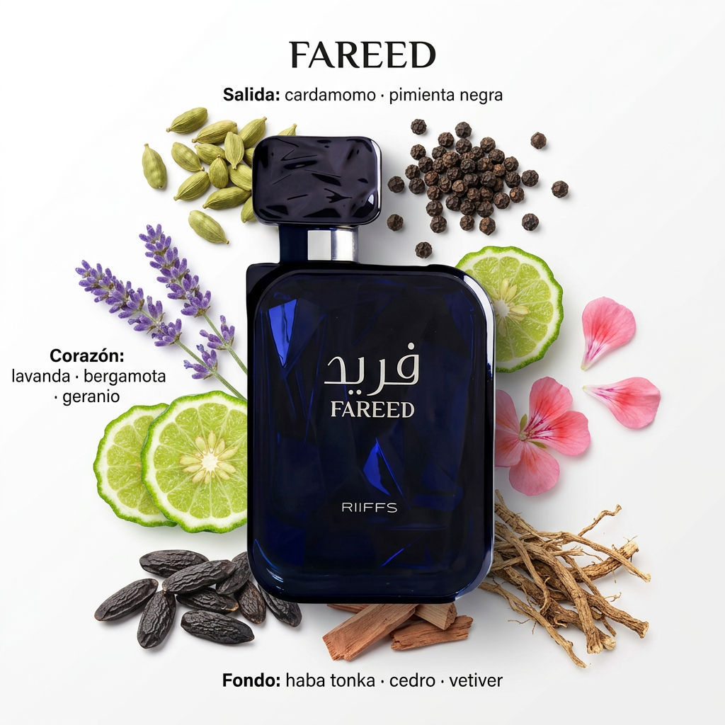 Riiffs Fareed con cardamomo, pimienta, lavanda, haba tonka, cedro y vetiver sobre fondo blanco