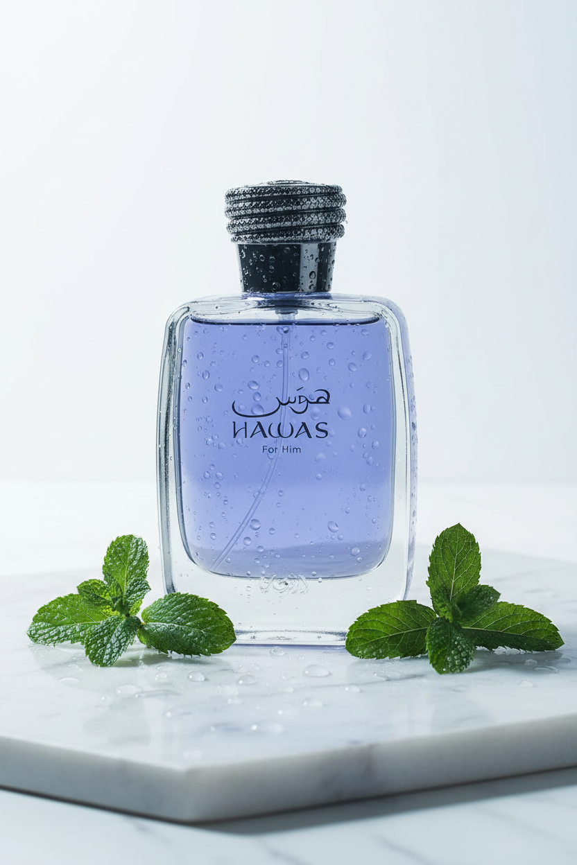 Perfume Rasasi Hawas: frasco violeta claro con gotas y tapa gris texturizada